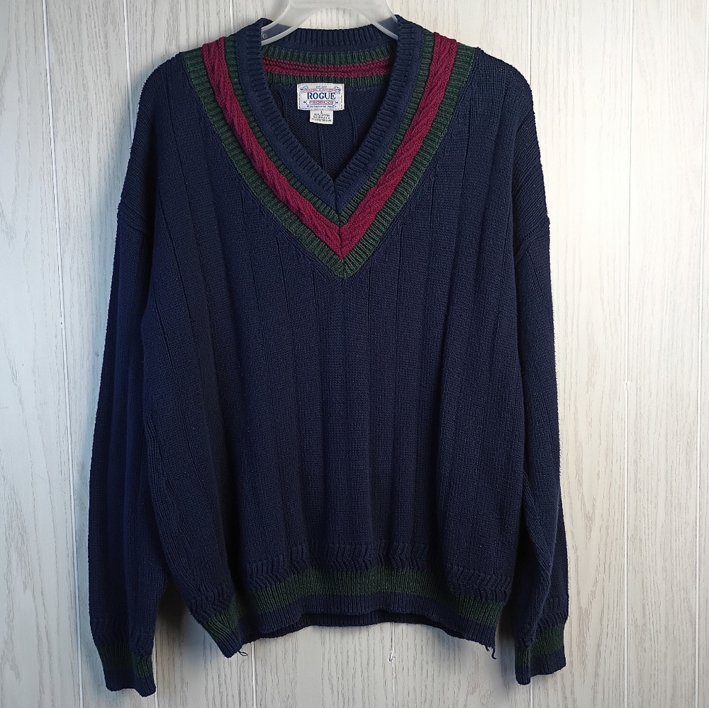 VTG 90s Rogue Men Varsity Cable Knit Navy Red Green Tennis V-Neck Sweater Size L